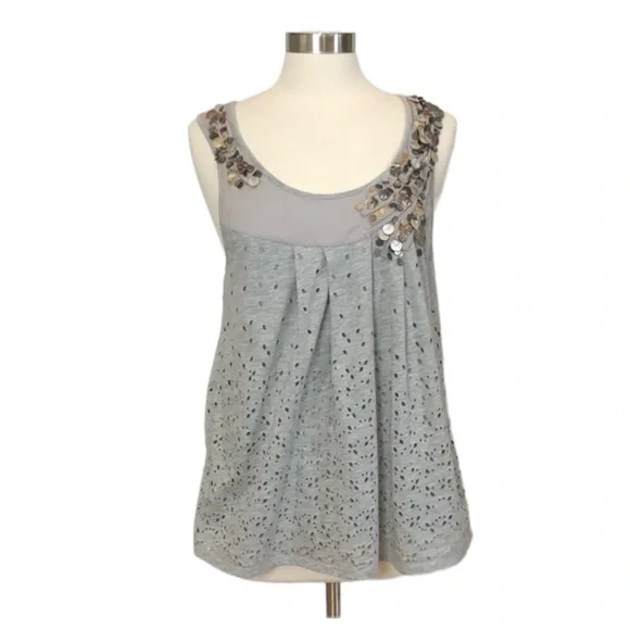 Anthropologie Deletta Gray Beaded Tank Top with Cut Outs - Picture 5 of 16